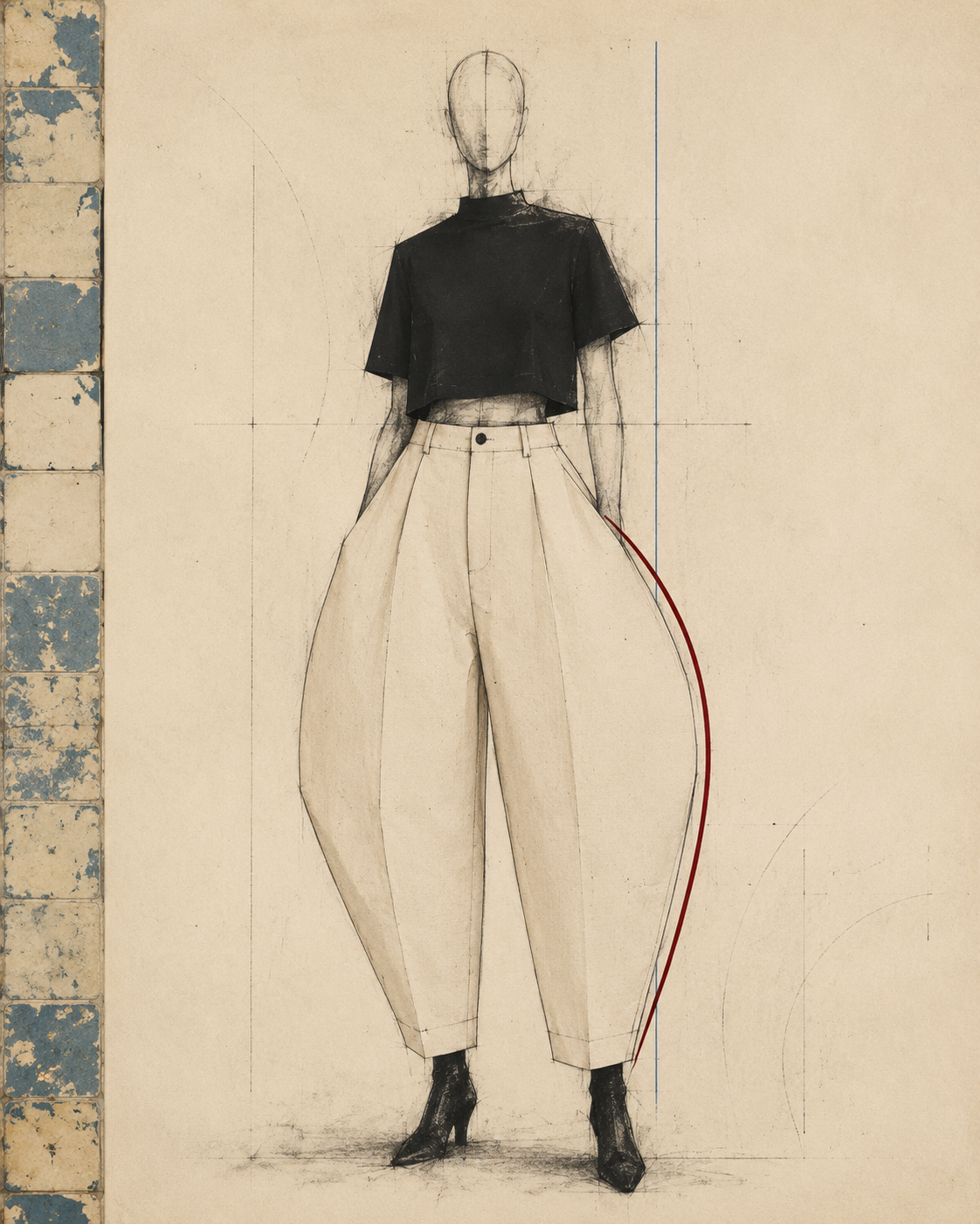 Abstract study of wide / barrel trouser